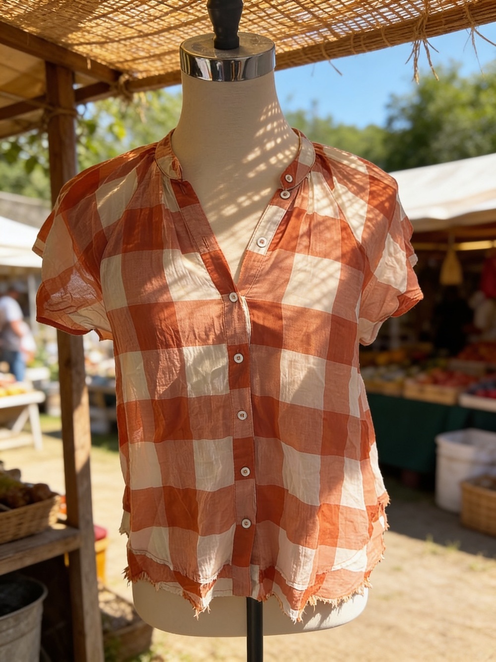 Anthropology Maeve Rust and Cream Gingham Button-Front Blouse